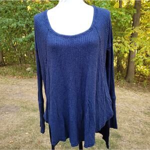 Free People Navy Waffle Thermal Boho Tunic with Fraying size Medium